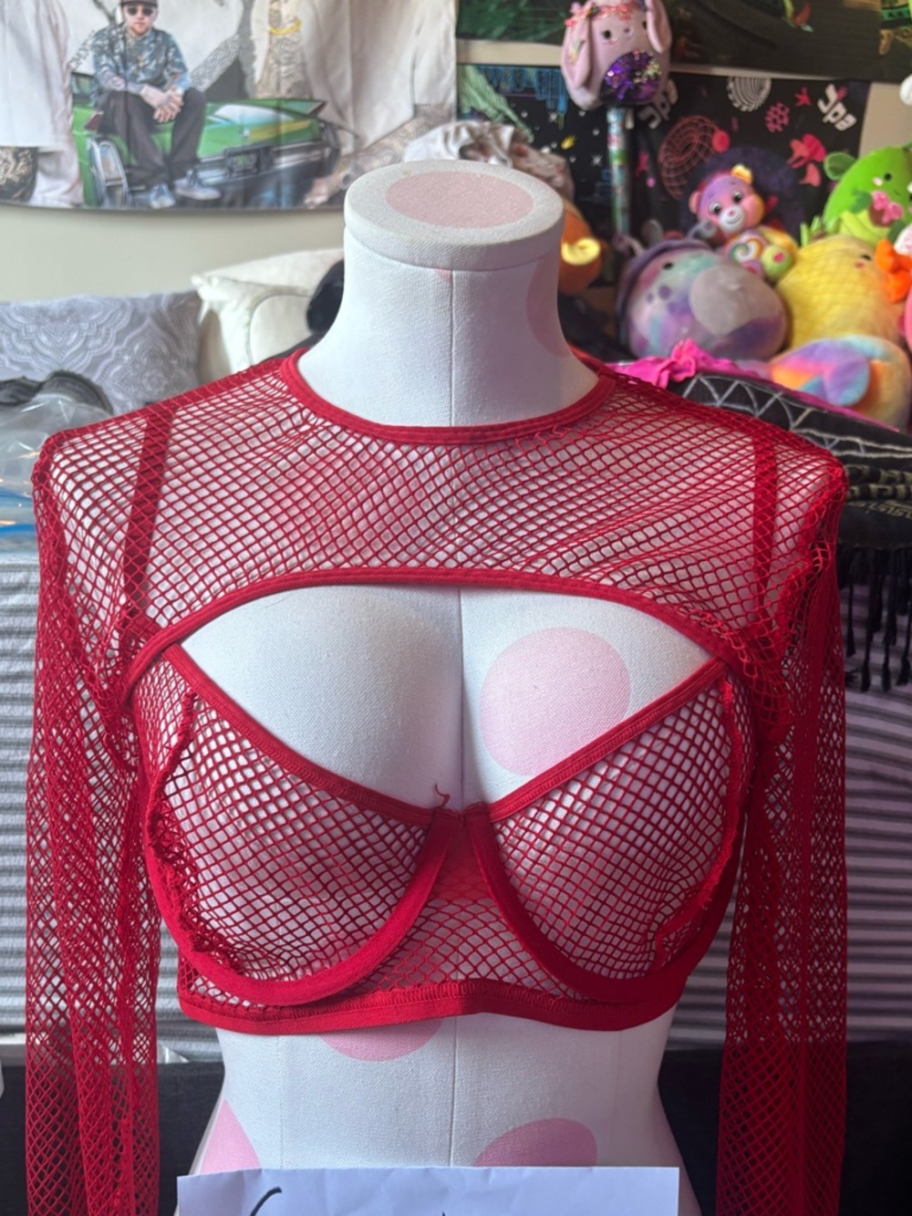 Red Fishnet Cutout Long Sleeve Bralette Top